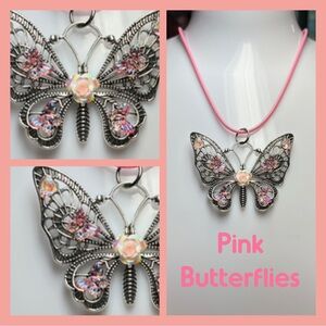 Pink Butterflies Silver Necklace